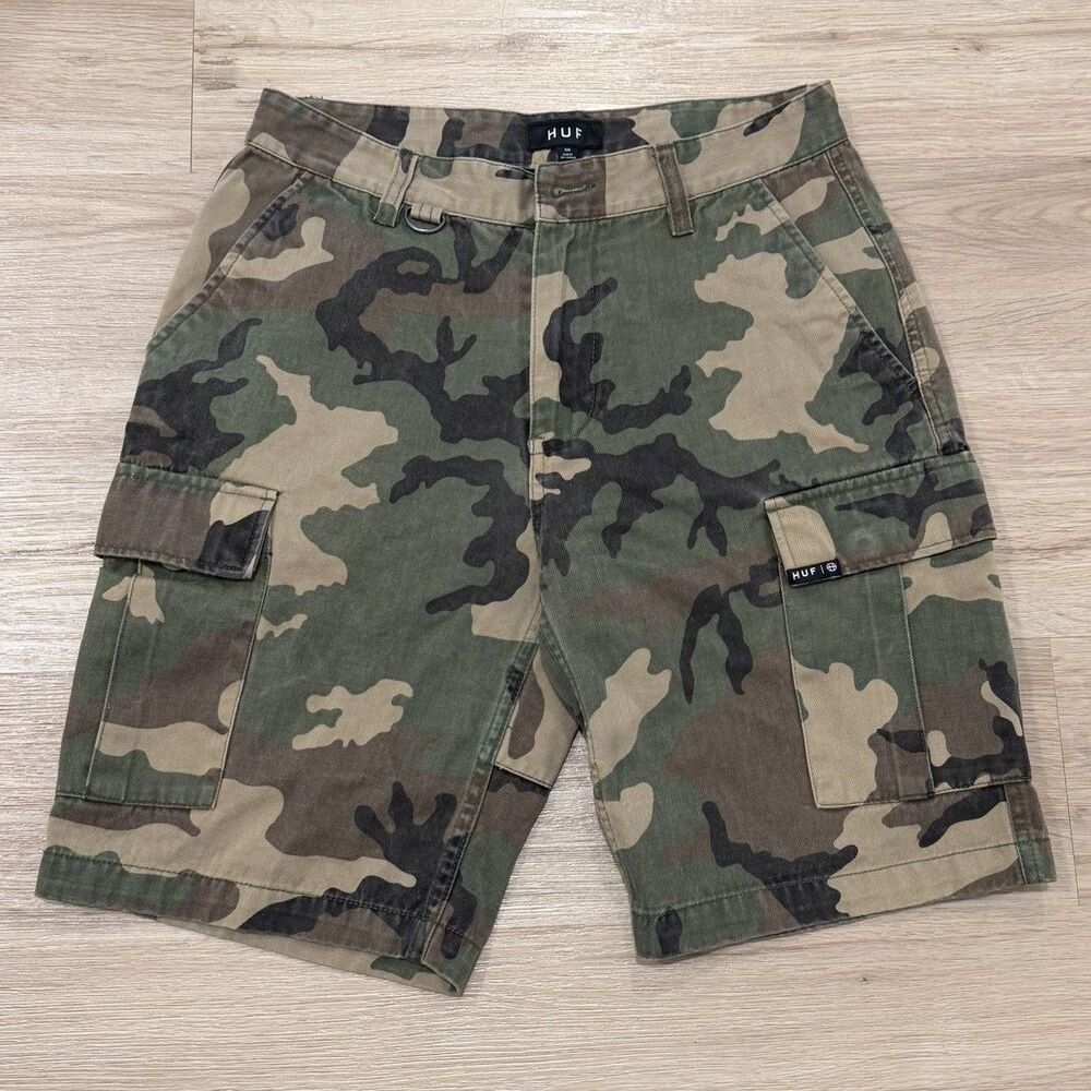 Huf Men's Cargo Shorts Camouflage Canvas Cotton Faded Classic Fit Woodland
